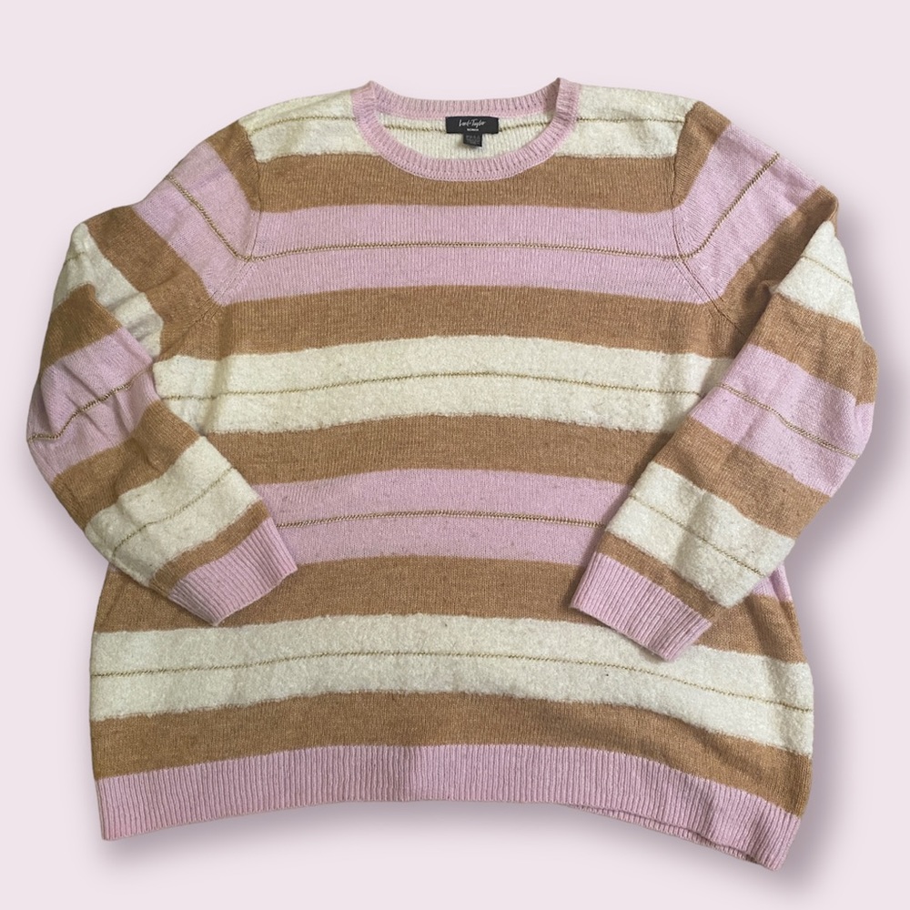 Pink tan cream striped sweater with gold chain